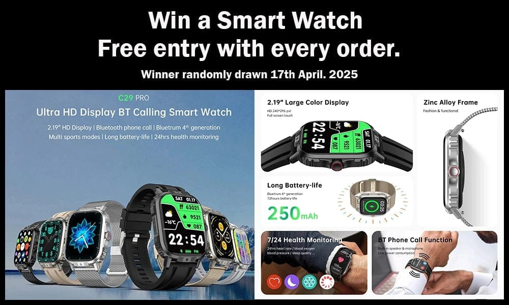 Win a smart watch valued at $175 free entry with each order.