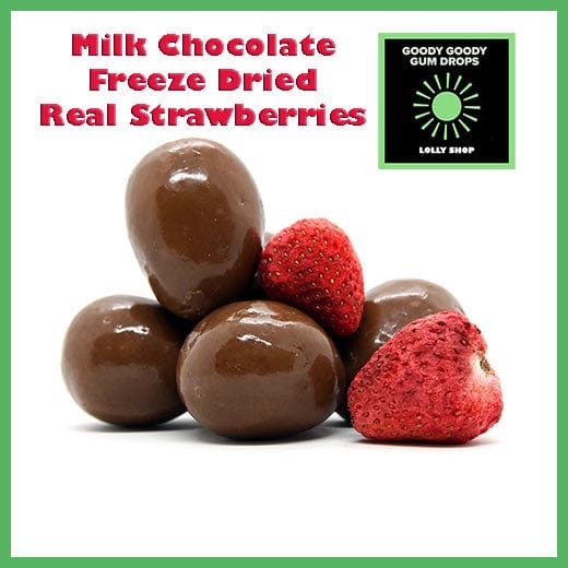 Real Strawberries coated in Milk Chocolate Goody Goody Gum Drops online lolly shop